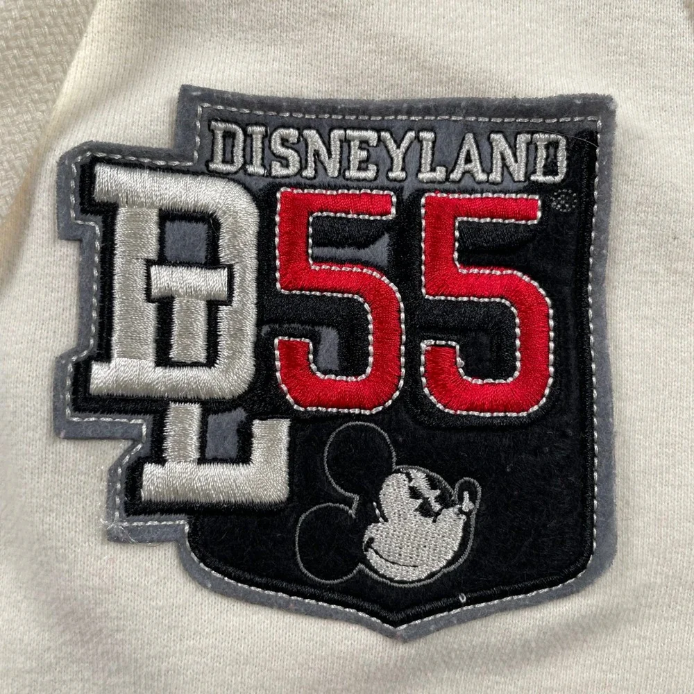 Disneyland Resort 55 Mickey Mouse Zip Up Hoodie Cream Women Large Varsity Patch